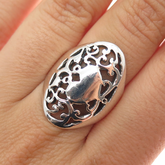 925 Sterling Silver Vintage Modernist Ornate Heart Ring Size 8