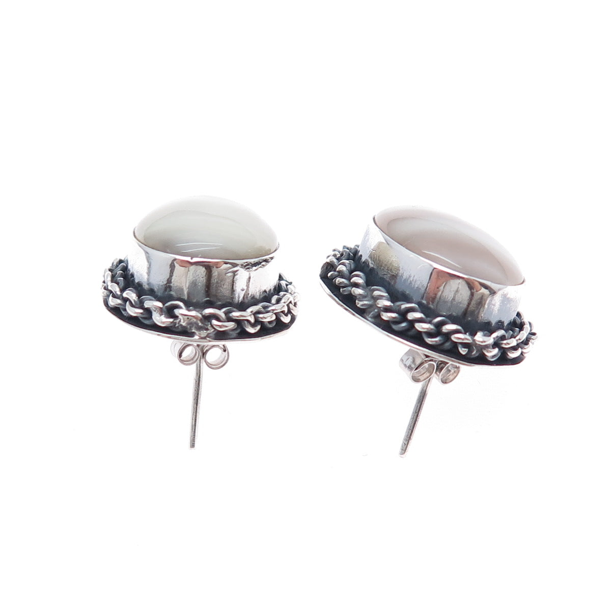 925 Sterling Silver Vintage Mexico Real MOP Modernist Roped Oxidized Earrings