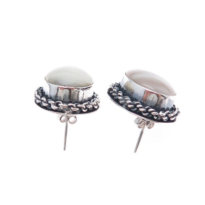 925 Sterling Silver Vintage Mexico Real MOP Modernist Roped Oxidized Earrings