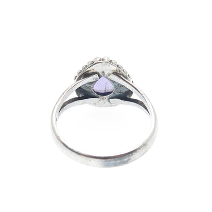 925 Sterling Silver Vintage Real Amethyst Beaded Oxidized Ring Size 8.75