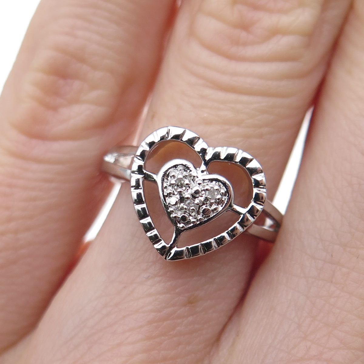 925 Sterling Silver Real Round-Cut Diamond Heart Ring Size 5.75