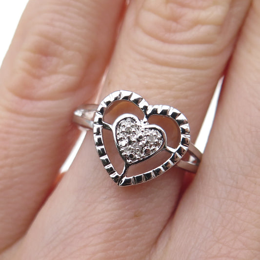 925 Sterling Silver Real Round-Cut Diamond Heart Ring Size 5.75