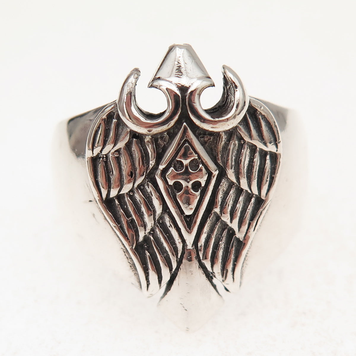 925 Sterling Silver Vintage Cross & Angel Wings Oxidized Ring Size 12.25