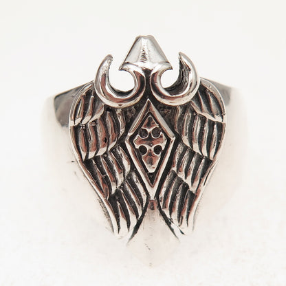 925 Sterling Silver Vintage Cross & Angel Wings Oxidized Ring Size 12.25