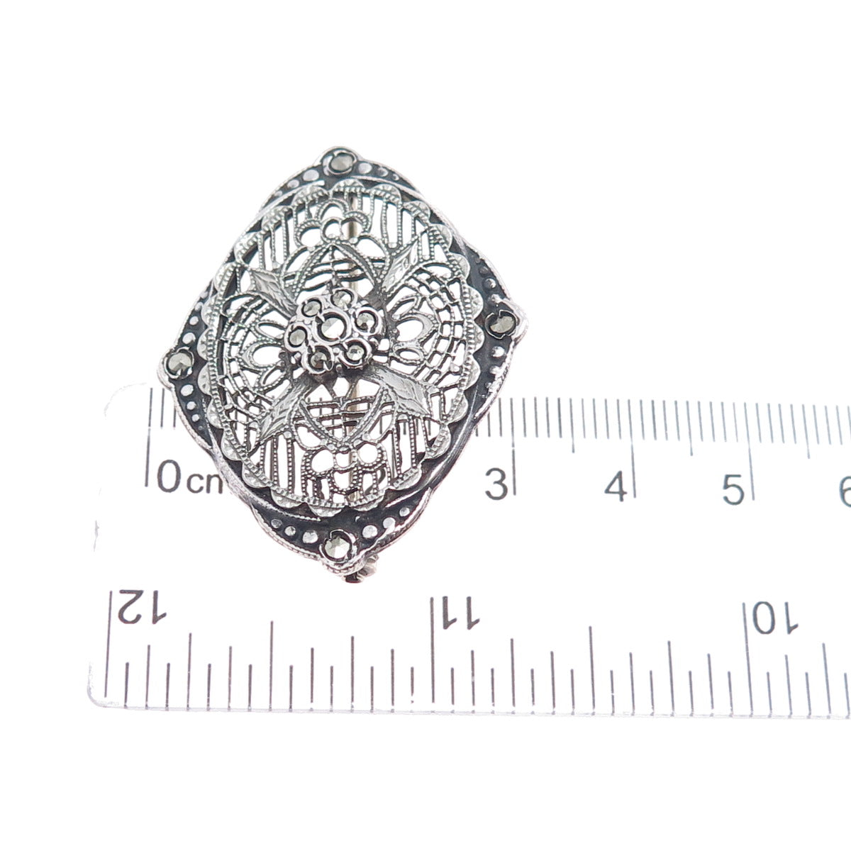 925 Sterling Silver Antique Art Deco Real Marcasite Filigree Oxidized Pin Brooch