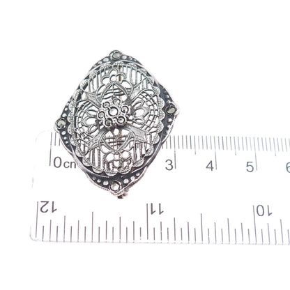 925 Sterling Silver Antique Art Deco Real Marcasite Filigree Oxidized Pin Brooch