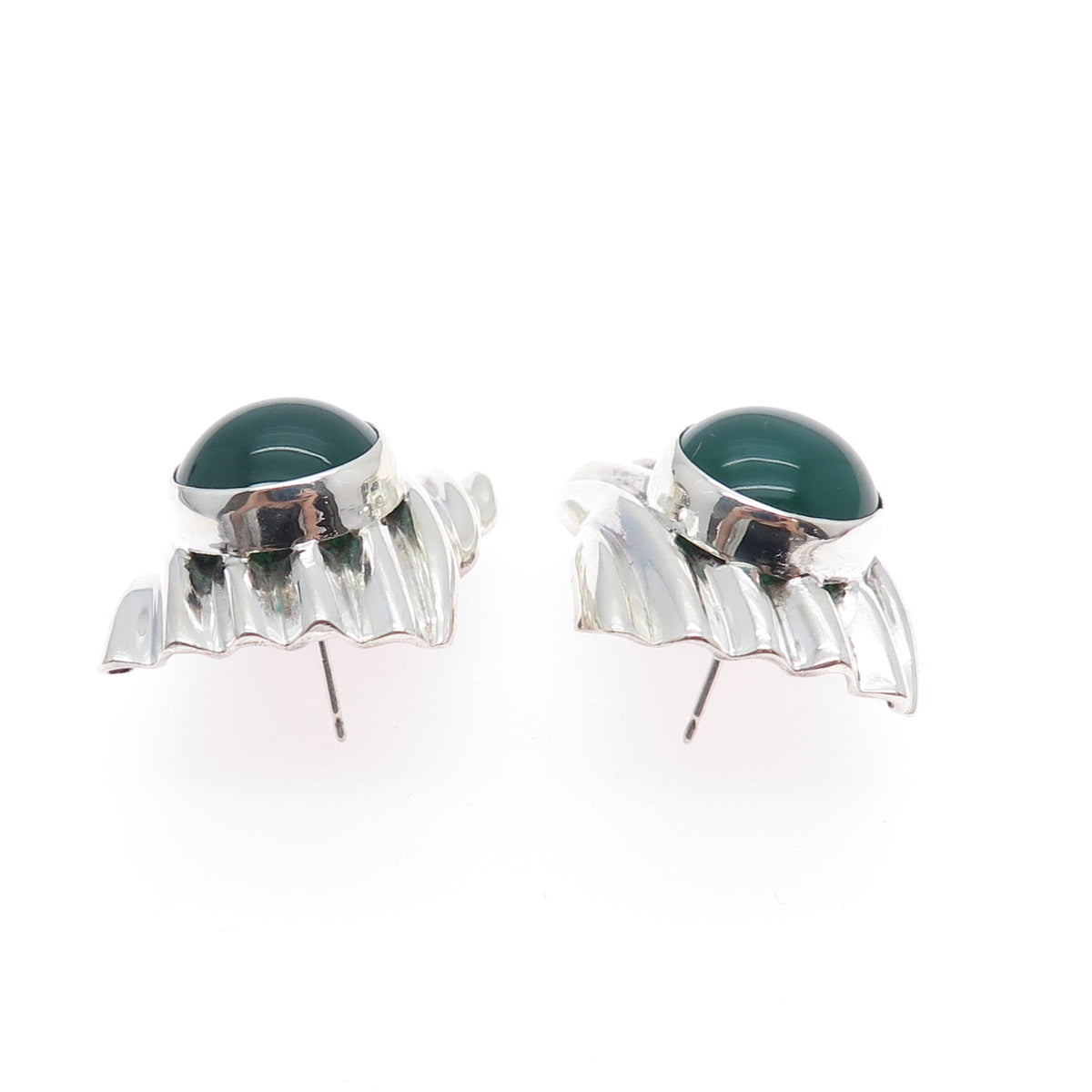 925 Sterling Silver Vintage Real Green Onyx Modernist Omega Back Earrings