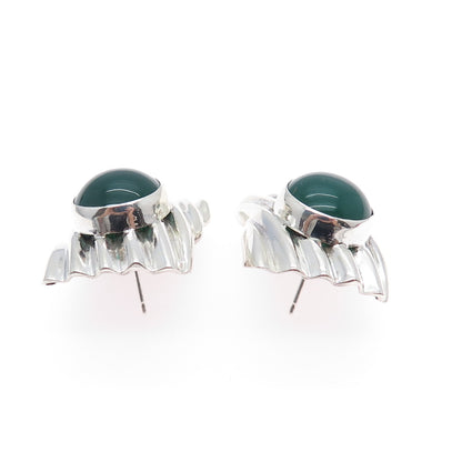 925 Sterling Silver Vintage Real Green Onyx Modernist Omega Back Earrings