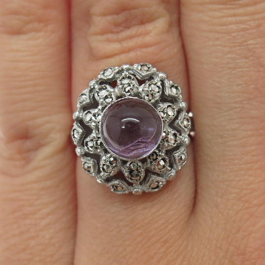 800 Silver Vintage FOE France Real Amethyst & Marcasite Ring Size 5.25