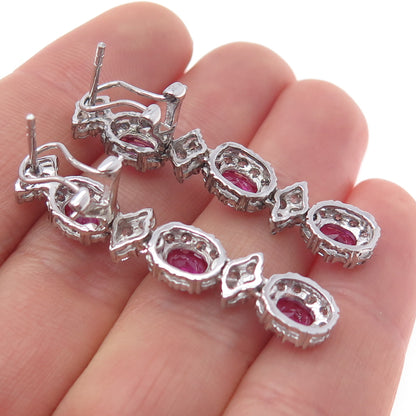 925 Sterling Silver Lab-Created Ruby & C Z Dangle Omega Back Earrings