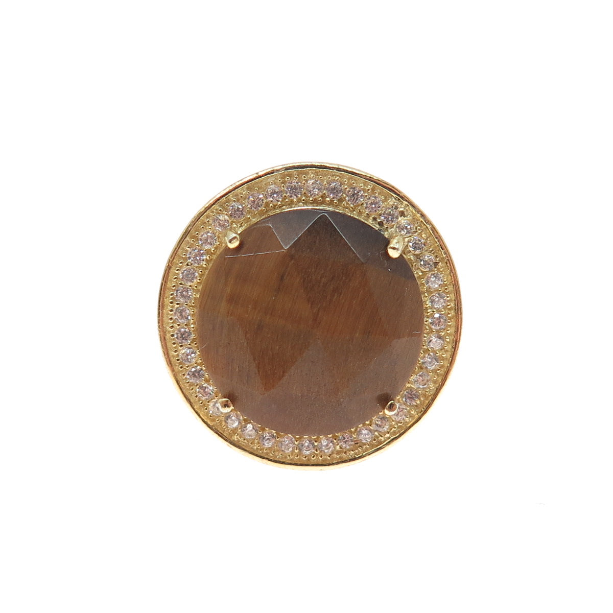 925 Sterling Silver Gold Plated Real Round-Cut Tiger Eye & C Z Ring Size 7.5