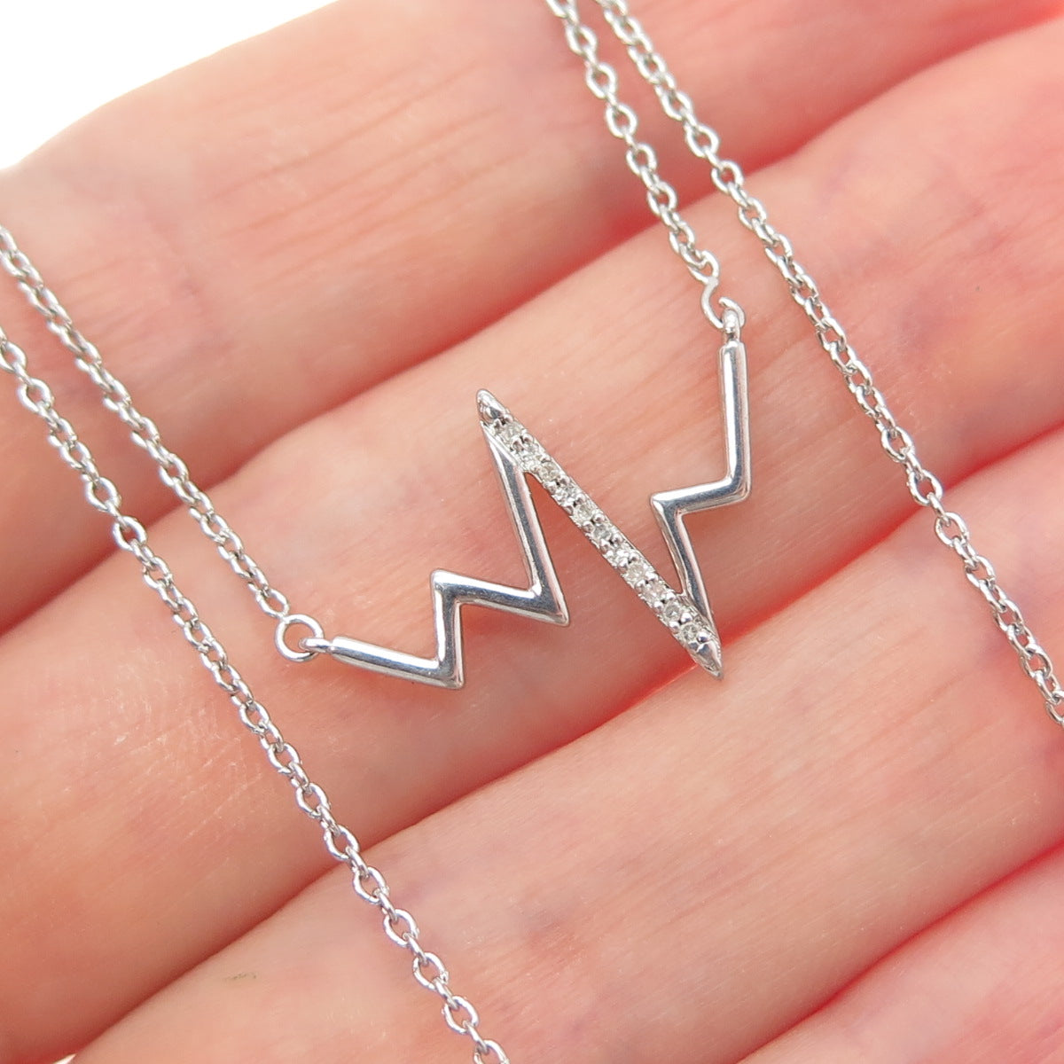 SUN 925 Sterling Silver Real Diamond Heartbeat Cable Chain Necklace 16-18"