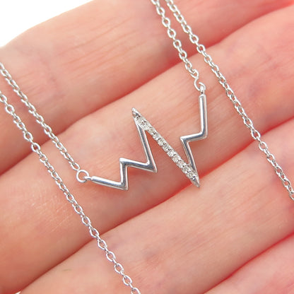 SUN 925 Sterling Silver Real Diamond Heartbeat Cable Chain Necklace 16-18"