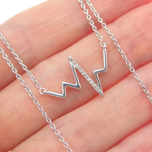 SUN 925 Sterling Silver Real Diamond Heartbeat Cable Chain Necklace 16-18"