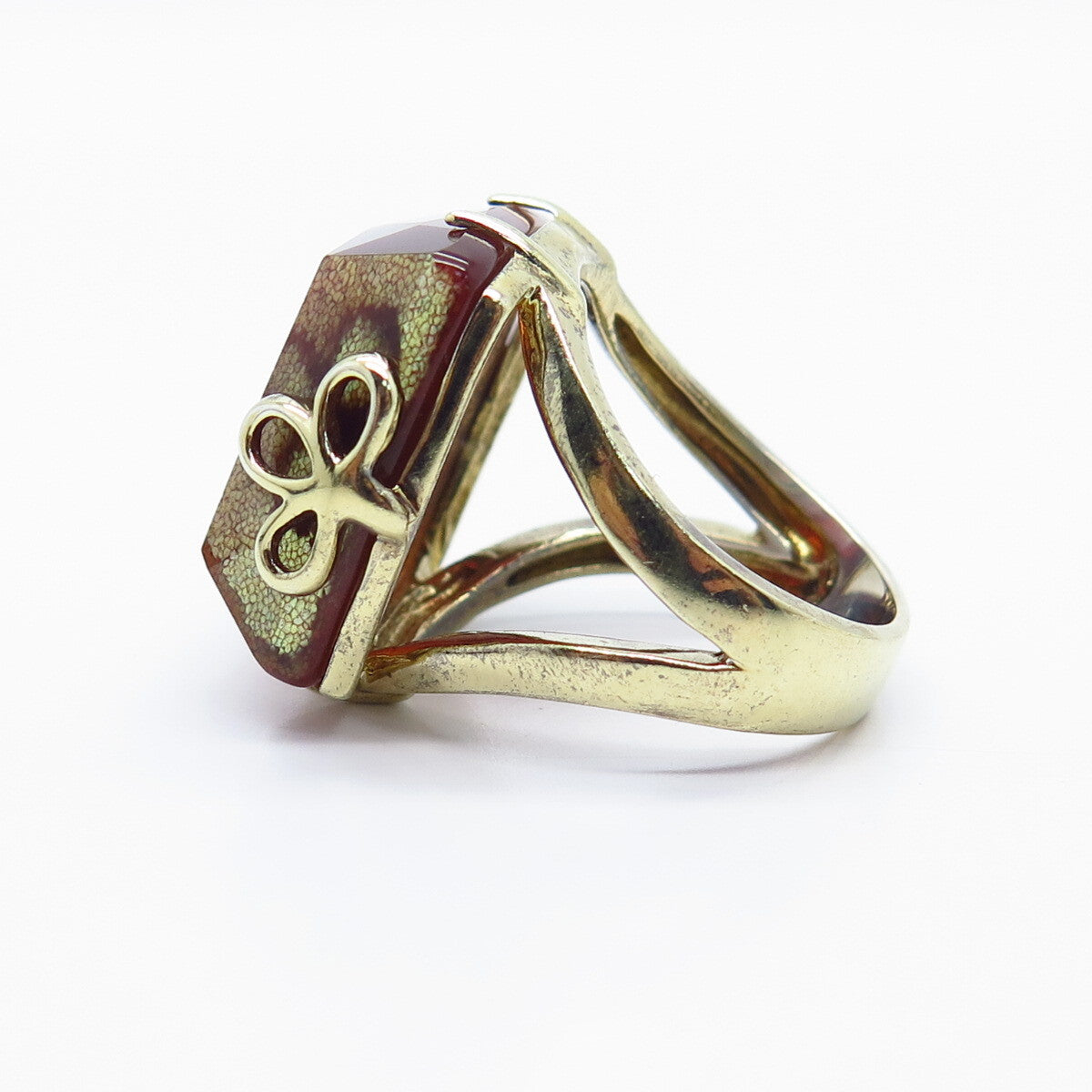 925 Sterling Silver Gold Plated Fiber Optic Cat's Eye Gem Square Ring Size 8