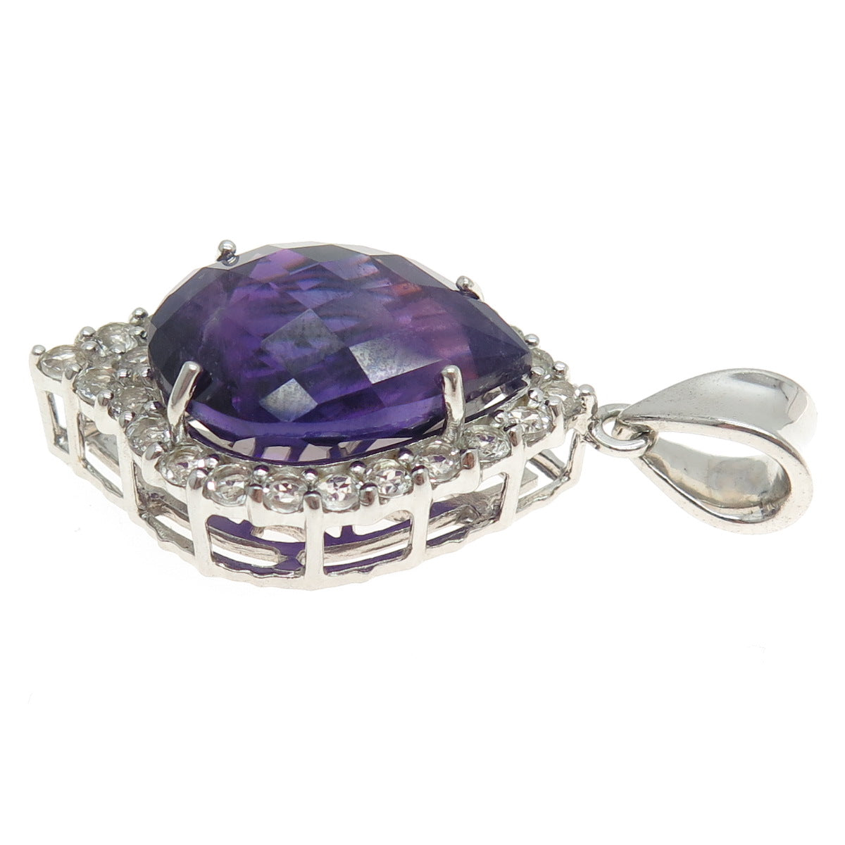 925 Sterling Silver Real Pear-Cut Amethyst & Round-Cut White Topaz Pendant