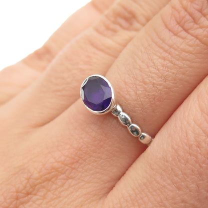 925 Sterling Silver Vintage Real Oval-Cut Amethyst Bubble Ring Size 7