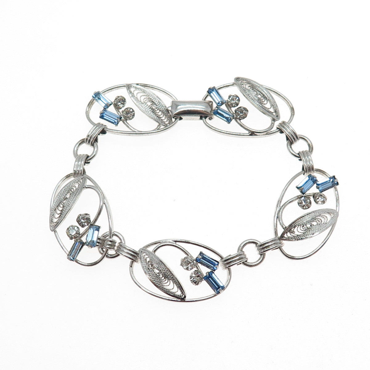 CARL ART Sterling Antique Blue & White Rhinestone Filigree Flower Bracelet 6.75"