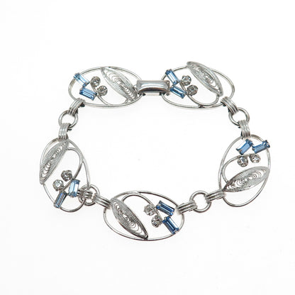 CARL ART Sterling Antique Blue & White Rhinestone Filigree Flower Bracelet 6.75"