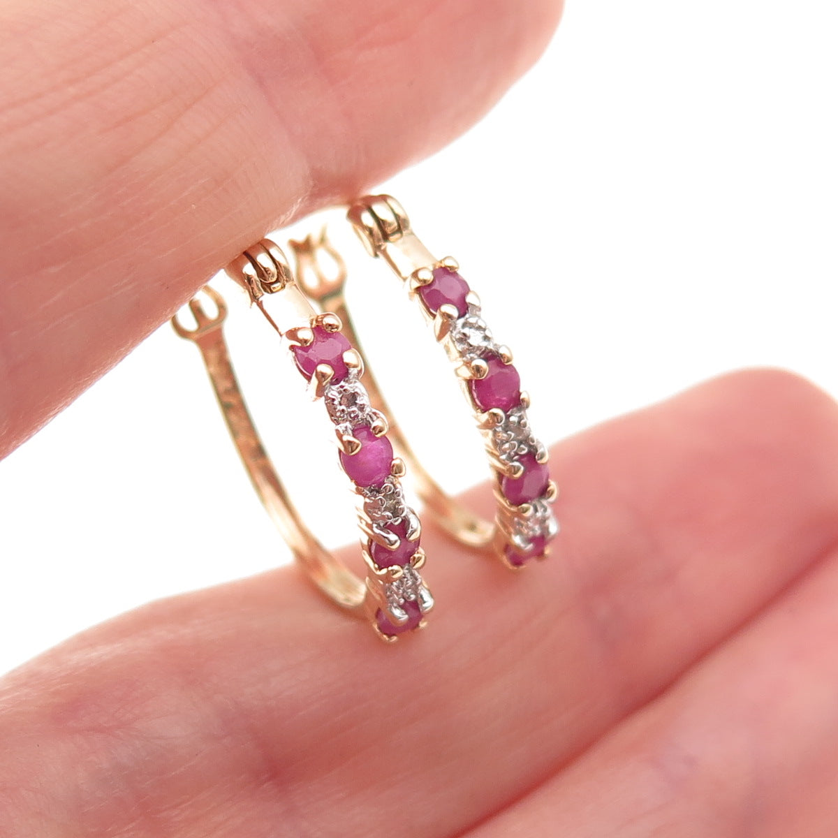 Ross Simons 925 Sterling Silver Gold Plated Real Diamond & Ruby Hoop Earrings