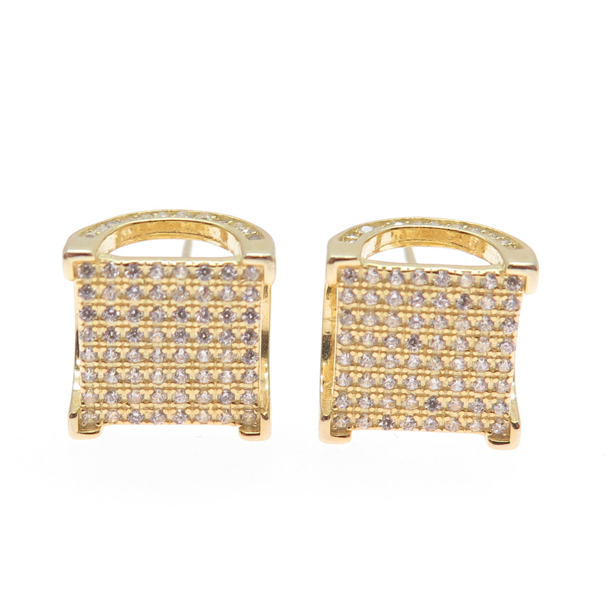 925 Sterling Silver Gold Plated Round-Cut C Z Arch Square Stud Earrings