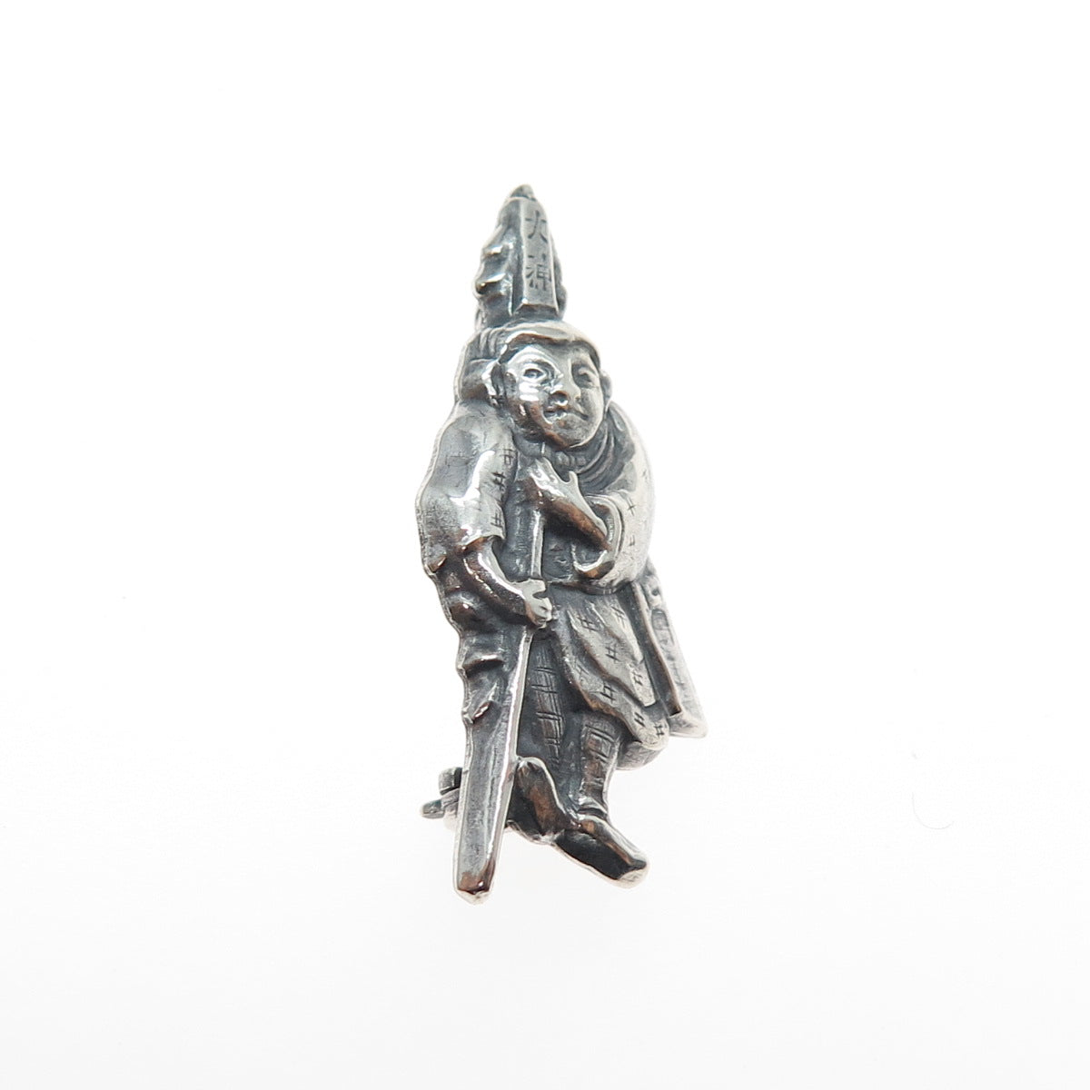 925 Sterling Silver Antique Japanese Fukurojin Oxidized Hollow Pin Brooch
