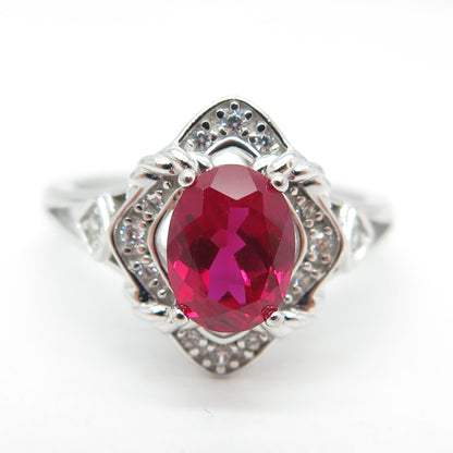 925 Sterling Silver Lab-Created Ruby & C Z Ring Size 7