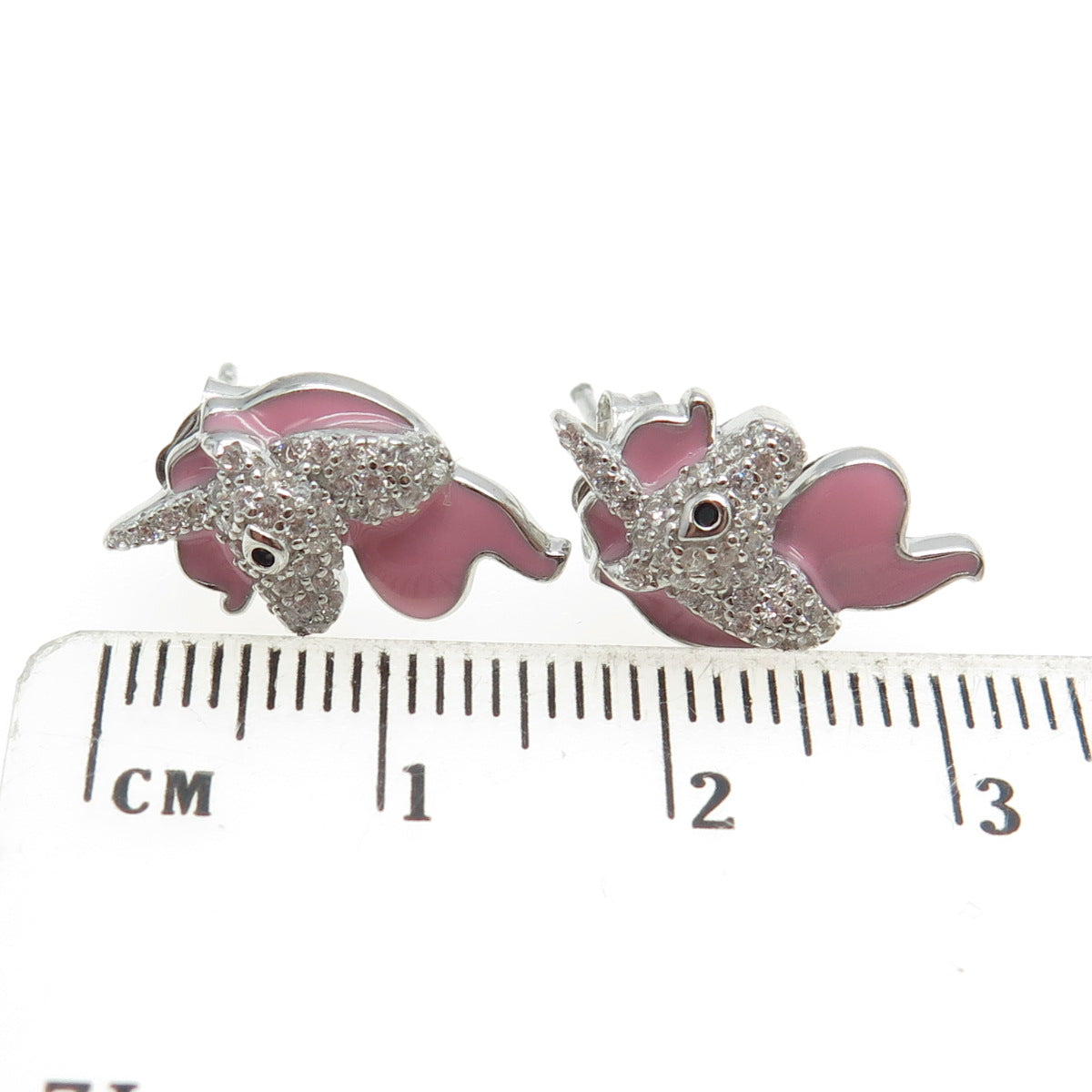 925 Sterling Silver C Z & Pink Enamel Unicorn Stud Earrings