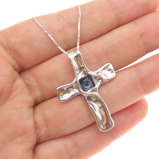 HAGIT GORALI Sterling Vintage Israel Real Iolite Cross Box Chain Necklace 18"