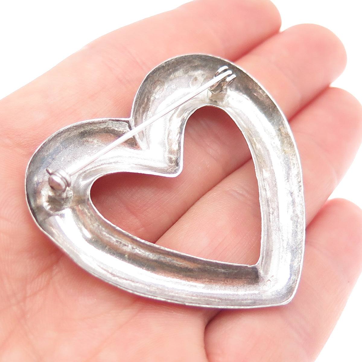 925 Sterling Silver Vintage Open Heart Pin Brooch