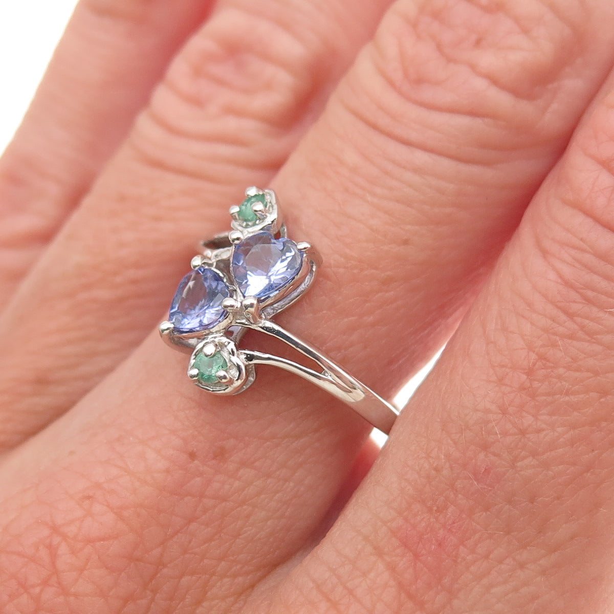 Chuck Clemency 925 Sterling Silver Real Tanzanite & Emerald Heart Ring Size 8