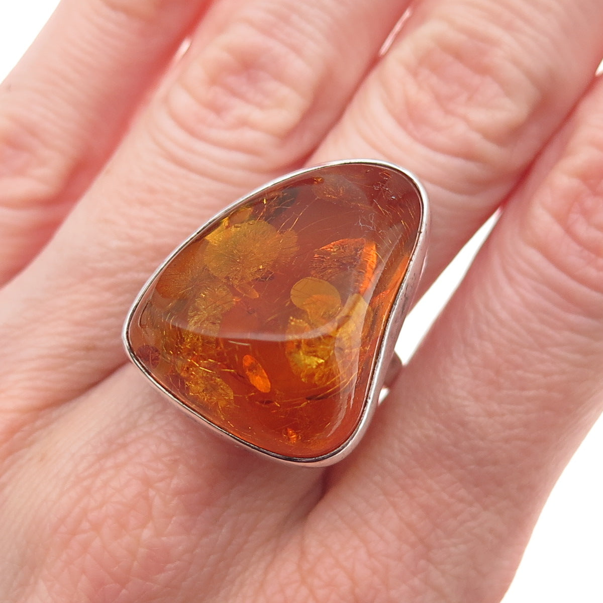 925 Sterling Silver Vintage JB Poland Real Amber Modernist Oxidized Ring Size 8