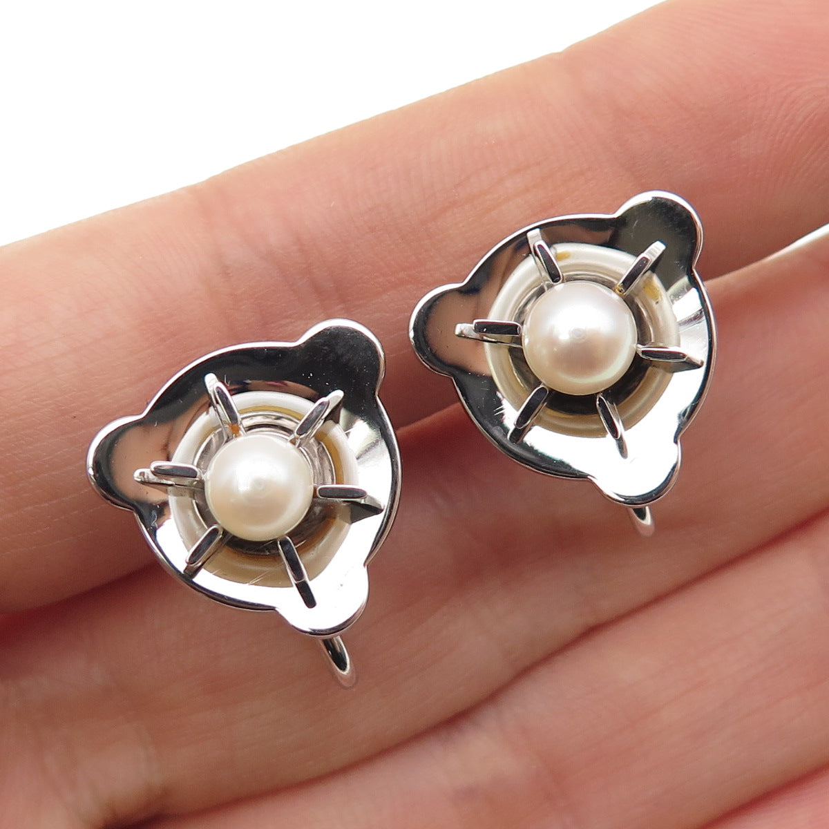 925 Sterling Silver Antique Art Deco Real Pearl Flower Screw Back Earrings