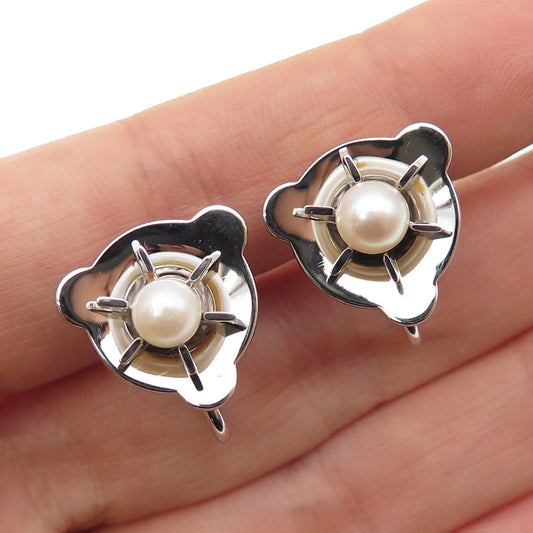 925 Sterling Silver Antique Art Deco Real Pearl Flower Screw Back Earrings
