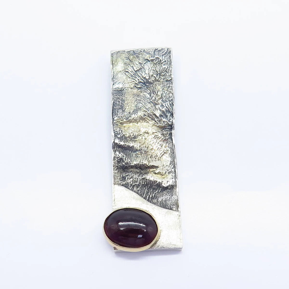 925 Sterling Silver / 14K Gold Vintage Red Garnet Gem Textured Modernist Pendant