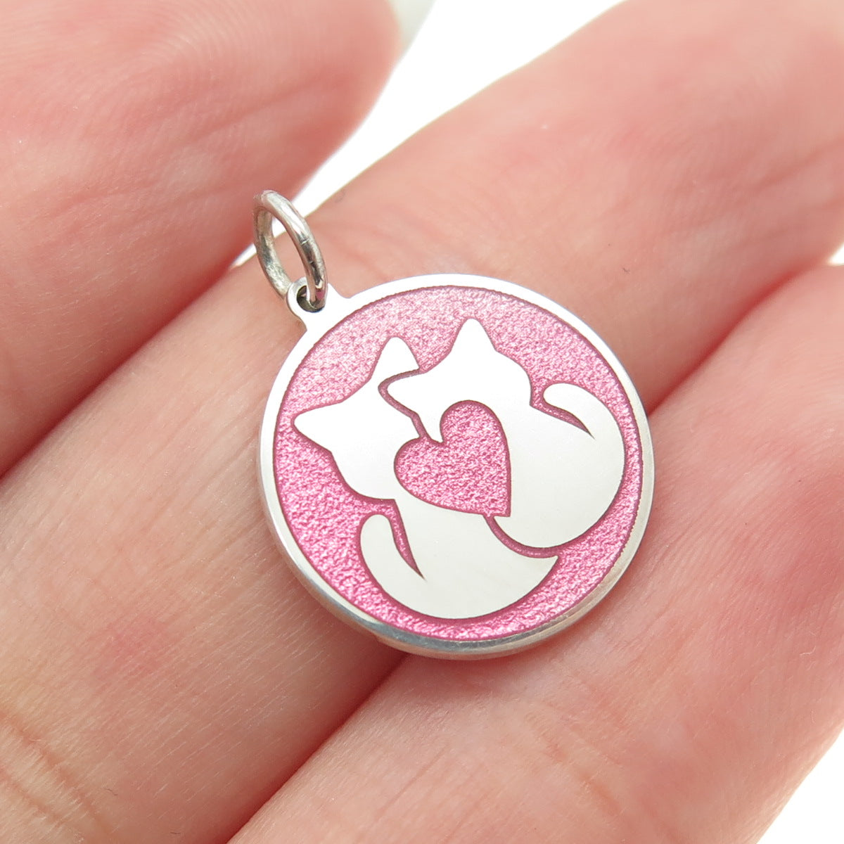 925 Sterling Silver Pink Enamel Cat Love Round Tag Minimalist Charm Pendant