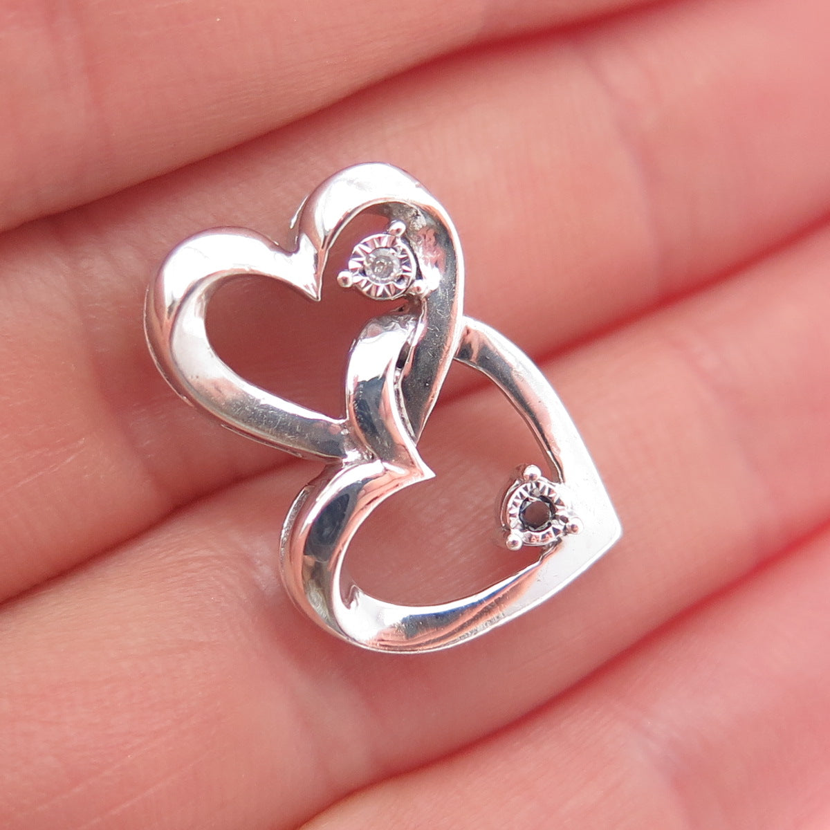 925 Sterling Silver Real Round-Cut Diamond Couple Heart Slide Charm Pendant