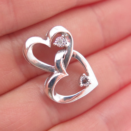925 Sterling Silver Real Round-Cut Diamond Couple Heart Slide Charm Pendant