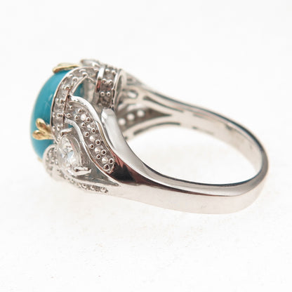 925 Sterling Silver 2-Tone Real Sleeping Beauty Turquoise & Topaz Ring Size 8.25