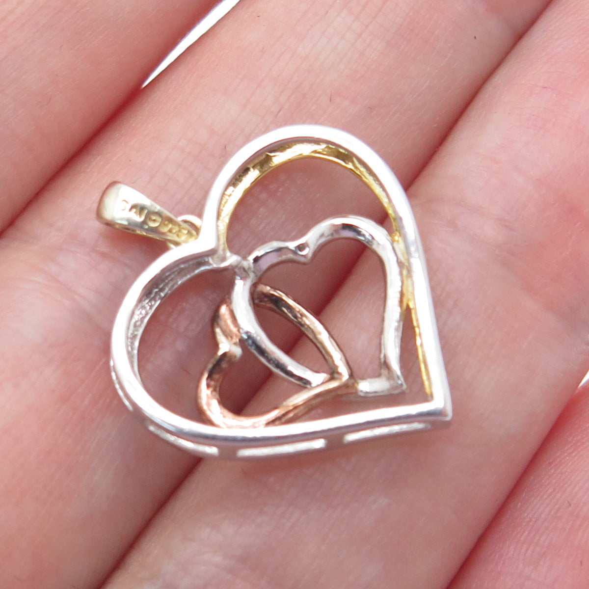 925 Sterling Silver 3-Tone Real Diamond Accent Interlocked Heart Mini Pendant
