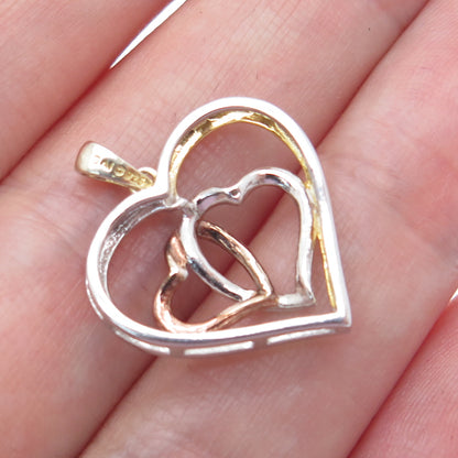 925 Sterling Silver 3-Tone Real Diamond Accent Interlocked Heart Mini Pendant
