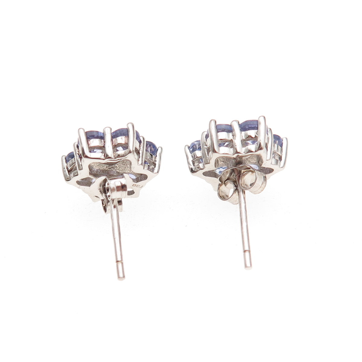 925 Sterling Silver Real Round-Cut Diamond & Tanzanite Floral Stud Earrings