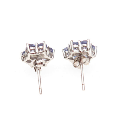 925 Sterling Silver Real Round-Cut Diamond & Tanzanite Floral Stud Earrings