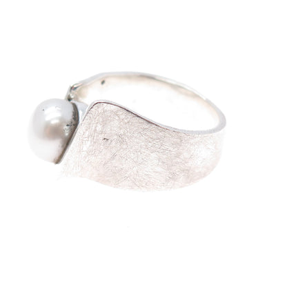 925 Sterling Silver Vintage Real Pearl Modernist Ring Size 6