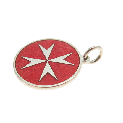 925 Sterling Silver Red Enamel Maltese Cross Round Tag Minimalist Charm Pendant