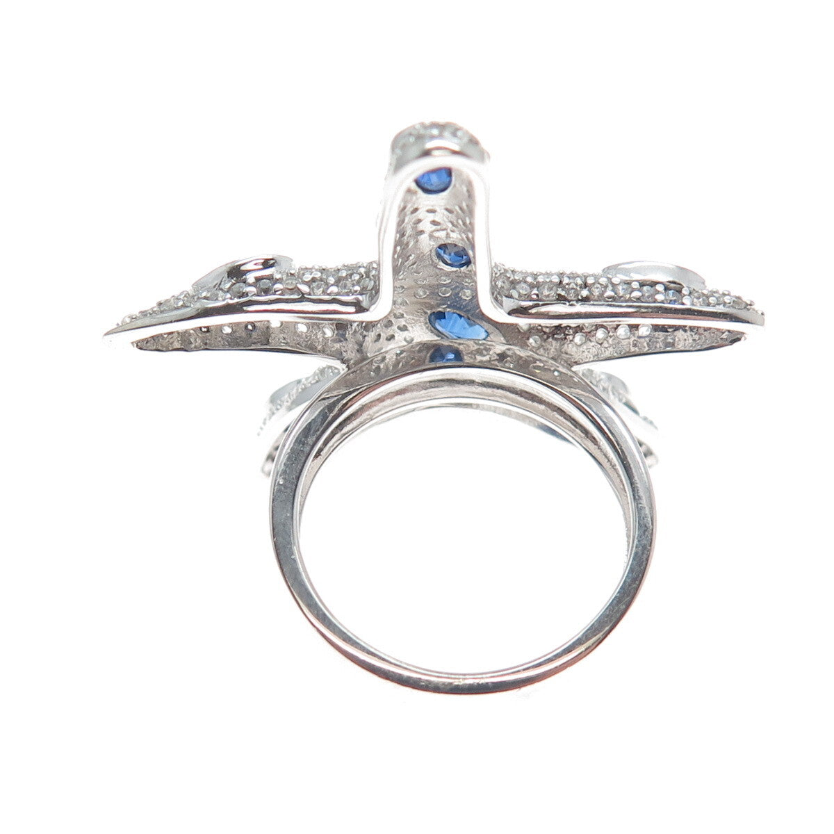DSMK 925 Sterling Silver Real Sapphire & White Topaz Starfish Ring Size 7.25