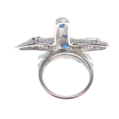 DSMK 925 Sterling Silver Real Sapphire & White Topaz Starfish Ring Size 7.25