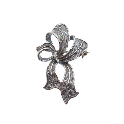 925 Sterling Silver Vintage Mexico Ribbon Bow Oxidized Pin Brooch
