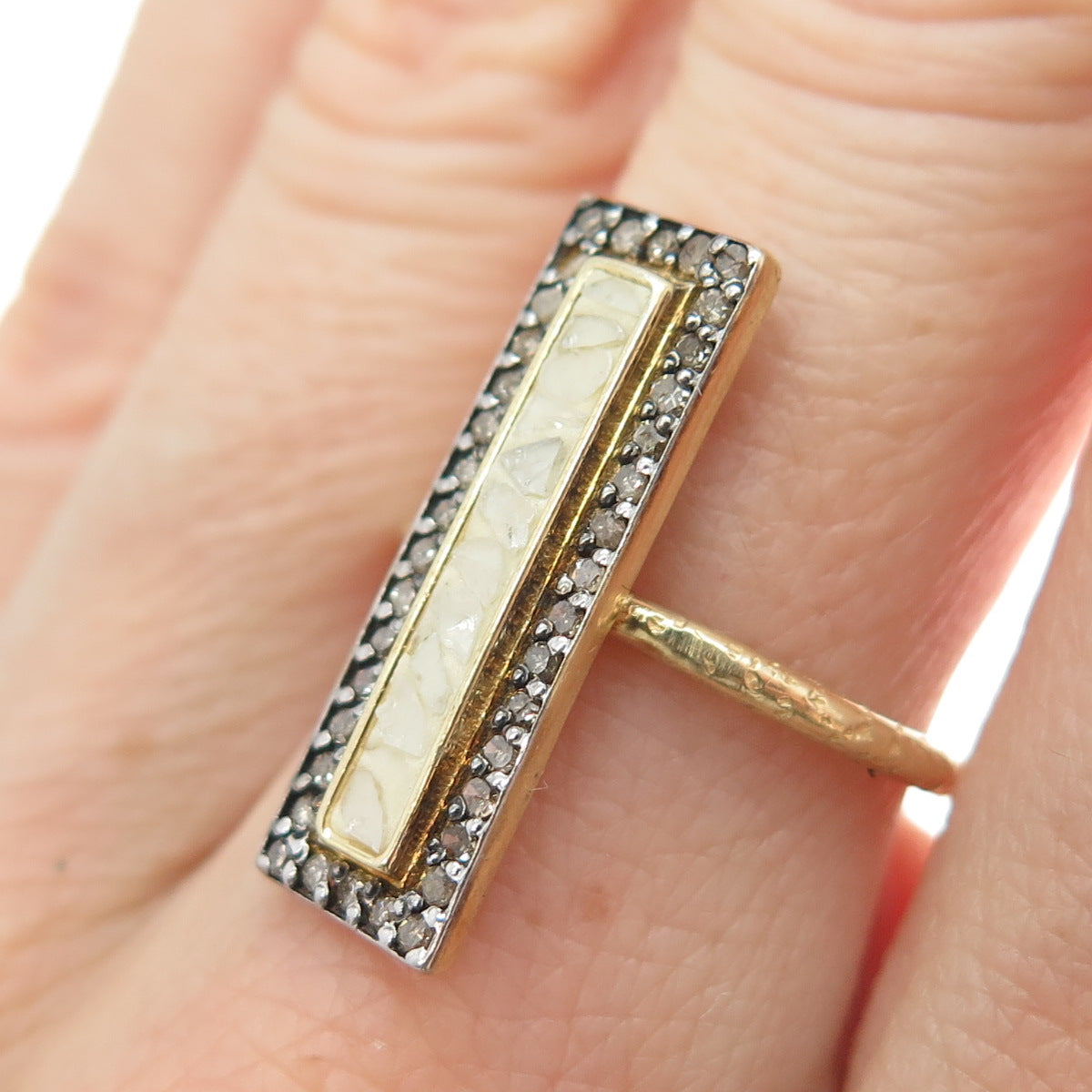 925 Sterling Gold Plated Champagne White Diamond Inlay Adjustable Ring Size 6.5