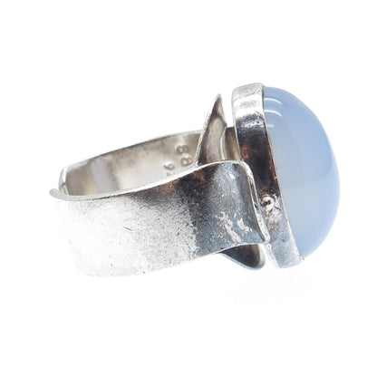 SAJEN 925 Sterling Silver Vintage Real Blue Chalcedony Adjustable Ring Size 8.5